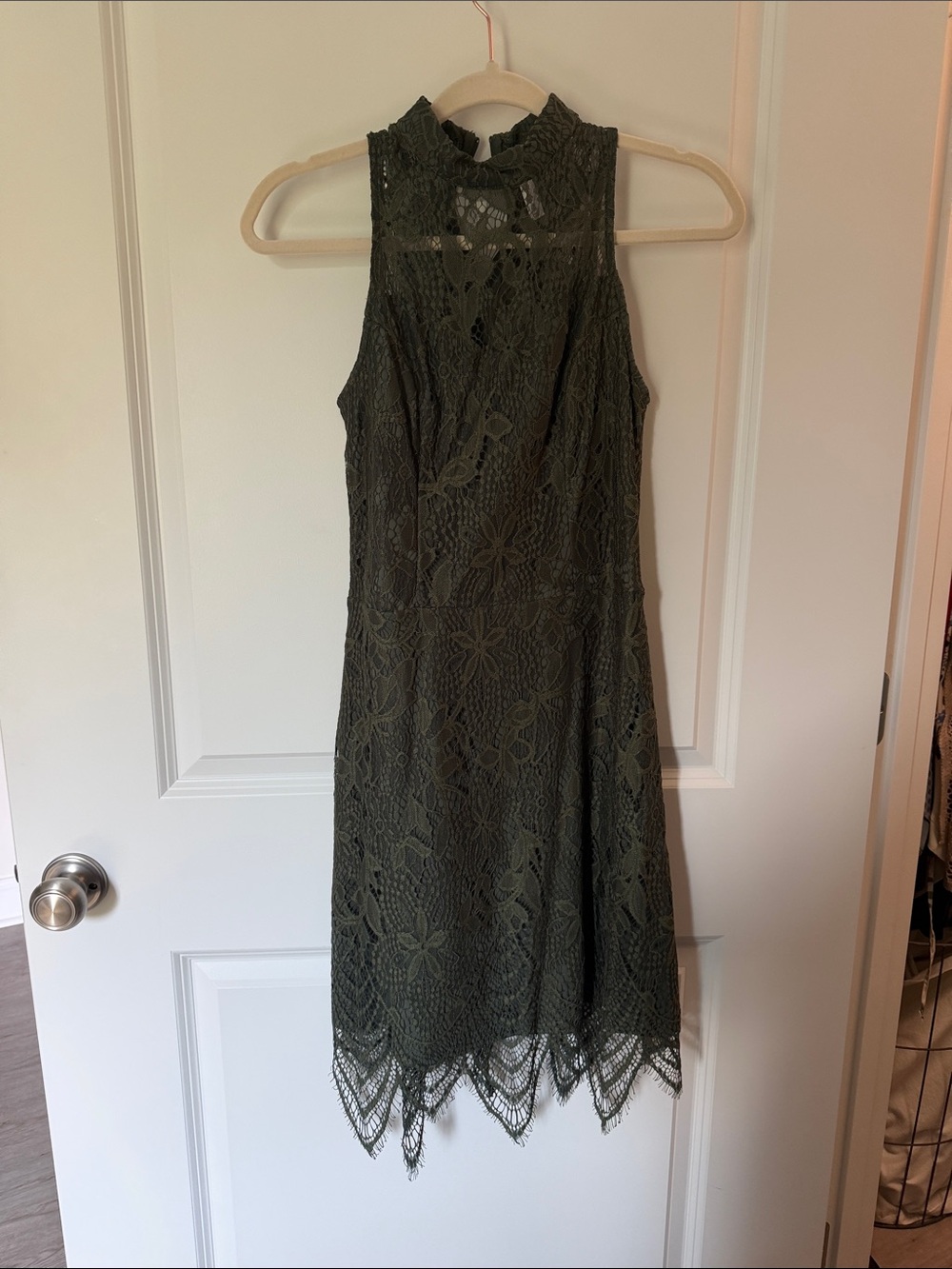 Olive Green Lace High-Neck Women's Dress